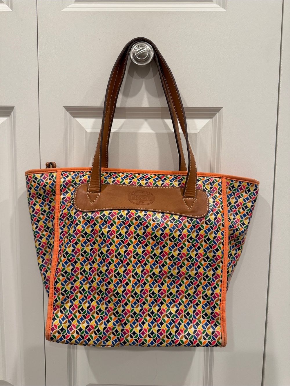 Fossil Multicolor Geometric Print Tote with Tan Leather Trim - Coated Canvas